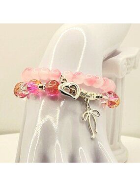 Pink Heart Bracelet Stack, Coquette Charm Bracelet, Girly Glam Jewelry, Layered